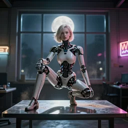 award winning Photograph of a disassembled female cyborg sitting on a metal table, moonlight is shining from the back windows, 300mm lense, wide shot, dust particles, rimlights , neon signs —W 2160 —H 3840 —n 4 —i