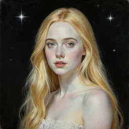 Painting of Elle Fanning under a black sky filled with stars, long blonde hair, delicate, pale milky white porcelain skin, by Jean Giraud Moebius. 8K. Extremely detailed.