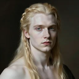 portrait of a young pale androgynous Henry Cavill with long blond hair and side braids by peter Paul rubens, very very very very pale white skin platinum blond hair