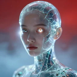 closeup portrait of a transparent beautiful cyborg girl angroid, shattered glass, glowing iris, cinematic light, backlight glow, red sky blue, mist, by mikhail vrubel, by philippe druillet, by peter elson, by gerald brom, muted colors, extreme detail, trending on artstation, 8 k