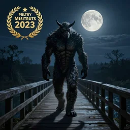 hyper realistic painting of monster walking on a bridge in a beautiful moonlit night