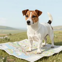Jack Russel using navigation map, llustration by Michael Sowa, highly detailed