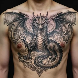 chest tattoo of a dragon, deep focus, d & d, fantasy, intricate, elegant, highly detailed!!, digital painting, artstation, concept art, matte, sharp focus, illustration, hearthstone, art by artgerm and greg rutkowski and alphonse mucha