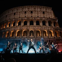 maneskin concert at colosseum in rome, hyper realistic, cinematic, dark, 4 k