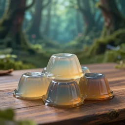 5 5 mm photo of a pile of freshly formed jelly on a wooden table in a magical forest. dof. bokeh. magical atmosphere. art by greg rutkowski. highly detailed 8 k. intricate. lifelike. soft light. nikon d 8 5 0.