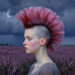 closeup, giant flower head mohawk, girl in heather field, surreal photography, starlight, storm clouds, impressionist painting, digital painting, artstation, simon stalenhag