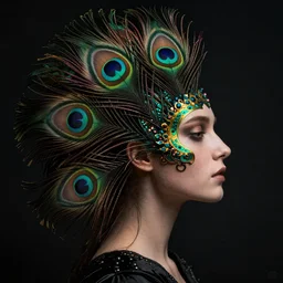 a woman's face in profile, made of peacock feathers, in the style of the dutch masters and gregory crewdson, dark and moody