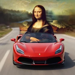 a woman driving an red open sports car!, looks like mona lisa, sharp focus, hyper realistic, centered, extremely detailed, long shadows, wide shot!, a painting by leonardo da vinci