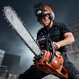 highly detailed portrait of a man with a chainsaw head, holding a chainsaw, by greg rutkowski and fujimoto tatsuki, dramatic lighting, dynamic pose, dynamic perspective