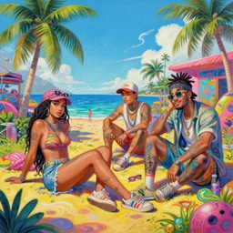 beautiful painting of sunny hiphop solarpunk summertime chill, by dao le trong, daniela uhlig, craig mullins, craig davison. trending on artstation, 8 k, masterpiece, graffiti paint, fine detail, full of color, intricate detail, golden ratio illustration
