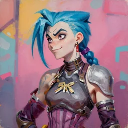 greg manchess portrait painting of partially armored jinx from arcane as overwatch character, medium shot, asymmetrical, profile picture, organic painting, sunny day, matte painting, bold shapes, hard edges, street art, trending on artstation, by huang guangjian, gil elvgren, ruan jia, greg rutkowski, gaston bussiere
