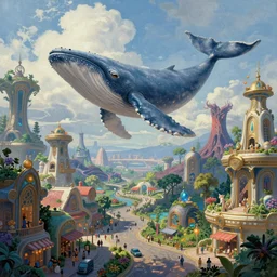 multiversal otherworldly realm with flying mecha whale with chic streets and shops and lush volcanic garden and intricate luxurious scifi homes, allegorical style, by peter mohrbacher and claude monet, beautiful, award winning scenery
