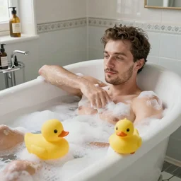 emperor of the russian empire nikolai romanov 2 lies in a bath with foam. there is a yellow duck in the bathroom.