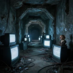 hallway inside ruined underground cyberpunk glacier city with broken crts displaying static illuminating room filled with scattered wires, by greg rutkowski, zdzisław beksinski, anato finnstark, and rembrandt