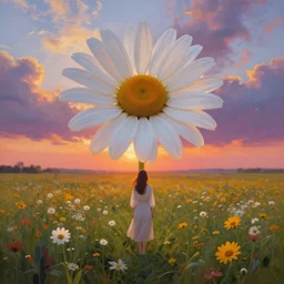 giant daisy flower in front of head, full body girl standing in a flower field, surreal photography, sunrise, dramatic light, impressionist painting, colorful clouds, digital painting, artstation, simon stalenhag