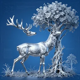 silver deer transforming into a tree, in the style of Greg Broadmore and Arthur Rackham and Moebius,trending on artstation, light lighting side view,digital art,surrealism ,macro,blueprint ,vaporwave ,