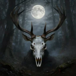 in the style of artgerm, peter mohrbacher, wendigo, in the forest emerging from the shadows, deer skull face, antlers, fog, full moon, moody lighting, horror scary terror