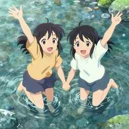 anime visual of two sisters playing in a crystal clear riverbed, cute face by ilya kuvshinov, makoto shinkai, kyoani, masakazu katsura, gelbooru, danboorudynamic pose, crisp and sharp, yoshinari yoh, rounded eyes, anime poster, cel shaded
