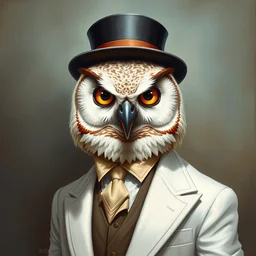 painted portrait of elegant wealthy anthropomorphic owl in white suit with top hat and earing, natural light, neil gaiman, maria panfilova, andrea savchenko, mike kime, ludovic plouffe, qi shengluo, oliver cook, julian calle, eddie mendoza, trending on artstation