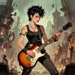 Punk girl playing electric guitar in a steampunk city, concept art, by James Gurney and Moebius