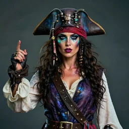 professional portrait of a pirate with her skin painted iridescent colors. She is Swashbuckling. Digital art. 8k