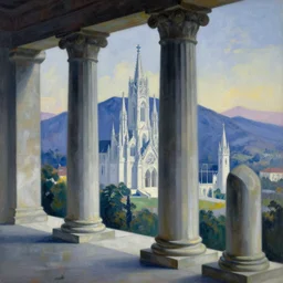 close shot angle from above of victorian landcape, atmospheric perspective, large ancient giant colums, gothic architecture, giant church of the gods!, mountains, sharp focus, smooth, clean, in the style of david bomberg