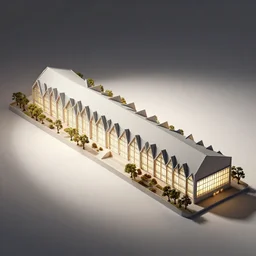 architectural model, isometric view, 3 d render, studio lighting, low contrast, brightly lit studio, highly detailed, a long thick building with triangular zig - zag plan and large windows, mansard roof, tree