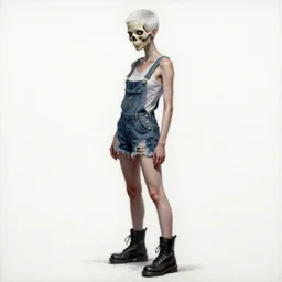 full body pose, mixed media painting of a grungy skull woman with buzzed white air, soft eyes and narrow chin, dainty figure, torn overalls, short shorts, combat boots, basic white background, side boob, wet tshirt, wet, raining portrait, extremely hyper - detailed, intricate, epic composition, very detailed, masterpiece, stunning,