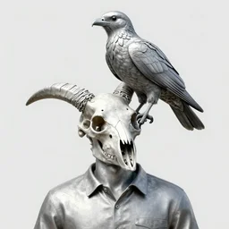 pewter, cel shading by chris foss relaxed, lively. a conceptual art of a man, with an animal skull for a head, & a large bird perched on his shoulder. the man is looking up at the bird with a fierce expression, & the bird is looking back at him with an equally intense gaze.