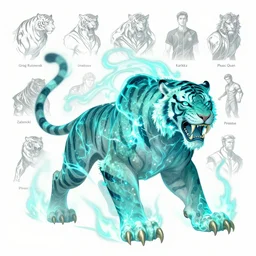 Ghostly tiger made out of turquoise energy creature character design sheet, Monster Hunter Illustrations art book, Bright sparks, claws, huge sabertooth fangs, Moebius, Greg Rutkowski, Zabrocki, Karlkka, Jayison Devadas, Phuoc Quan, trending on Artstation, 8K, ultra wide angle, zenith view, pincushion lens effect.