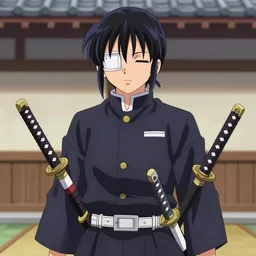 samurai wearing a high school uniform, one eye closed, 4 katanas, an anime character!! pixart!! 2 d style!! highly rendered!! octane render!!