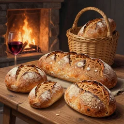 loaves of bread and woven baskets on a wooden table, firelight warm lighting, fantasy, intricate, elegant, highly detailed, digital painting, still life, wine, artstation, concept art, matte, sharp focus, illustration, intricate, highly detailed, digital painting, watercolor, volumetric light, artstation, concept art, smooth, sharp focus, illustration, art by gil elvgren and greg rutkowski and willem kalf and jan philip van thielen