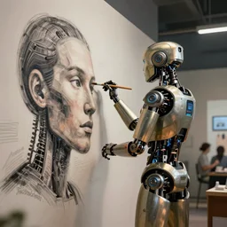 a stunning ultra detailed fantasy fine art photo of a'robot from ex machina movie'drawing a human face a wall with a paintbrush, by tom bagshaw, wlop and artgerm, wide angle, golden ratio composition, deep depth of field, cyberpunk, soft lighting, artstation, 8 k