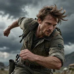 a dramatic pose of a man wearing explorers clothes, closeup, in action, hair blowing, dramatic face angles, motion blur, storm background, photo realistic, hyper detailed, trending on artstation, unreal engine 5, octane render, 8 k, by martin schoeller