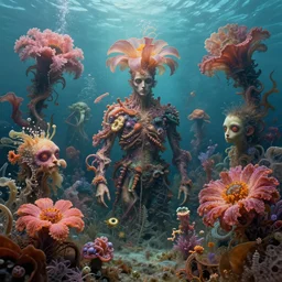 grotesque underwater flower monsters, by rutkowski and giuseppe arcimboldo, james jean and erik jones and rhads, ultradetailed, photorealistic details, full frame, trending artstation