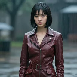 youthful asian blade runner demure, 3 5 mm, exquisite features, feminine cut, 1 9 7 0's frontiers in flight leather suit, roger deakins, pouring rain