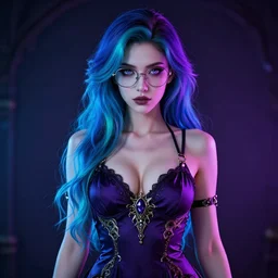 cute woman with attractive body, revealing nightdress, with glasses, with colorful hair, perfect face, perfect proportions, symmetrical, perfect ratio, serious look, neon eyes, gothic fabric, ornate metal augments, portrait, vibrant colors, 8 k complex, glow, blue to dark + purple + cyan, ultra realistic, photograhic, houdini rendering, realistic, hyper detail + 1 6 k, organic details