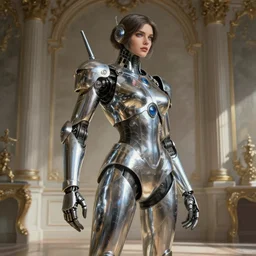 woman in chrome mechsuit in rococo interior, light, shadows, reflections, epic composition, intricate, elegant, volumetric lighting, digital painting, highly detailed, artstation, sharp focus, illustration, concept art, ruan jia, steve mccurry