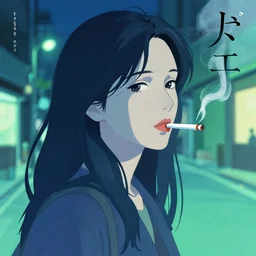a woman smoking, beautiful face, street at night, long hair ， full color, beautifully drawn coherent professional, drawn by ilya kuvshinov, ilya kuvshinov, satoshi kon and tsutomu nihei. japanese script kanji hiragana on the cover. minimalist stylized cover art. blue green cel shaded