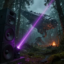 ig powerful laser light and big sound system on the left side close to the camera, a giant megastructure spaceship wrecked and lost in the forest, a small fire in the distance, detailed digital art by greg rutkowski.