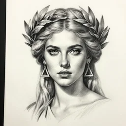 realism tattoo sketch of lily donaldson as a beautiful greek goddess aphrodite with piercing eyes wearing a laurel wreath and triangle earrings, in the style of greg rutkowski, amazing detail