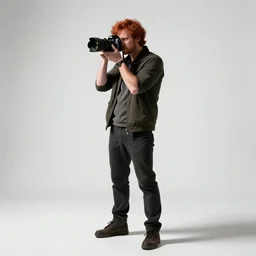 red-haired photographer with camera, cinematic studio photo, full body, standing, isolated on a pure white background, centered, whole figure in frame, sharp focus, studio lighting