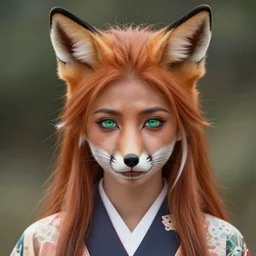 portrait of a beautiful fox woman with fox ears, gorgeous ginger hair with white highlights, green jade eyes, wearing a kimono, clear dark complexion, symmetrical face, instagram aesthetic, cinematic, wlop, artgerm, jason chan, charlie bowater
