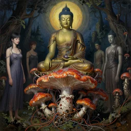 fungus connected with wires and cords, ayami kojima, karol bak, neo - gothic, rich split - complementary colors. beksinski painting, adrian ghenie, takato yamamoto. realistic detailed image, buddhahood, enlightenment