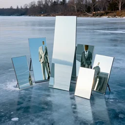 full shot photograph of a suit of mirrors on a frozen lake, photorealistic photograph cinematic lighting intricate detailed 8 k resolution