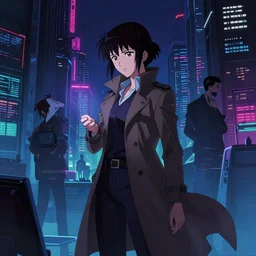 a high definition screenshot from the detective ( noir ) cyberpunk anime film ; a lone ( ( female detective in a trenchcoat ) ) investigates a dreamworld, digital painting by ( ( makoto shinkai ) ) and martin ansin and josan gonzalez, cinematic, trending on artstation