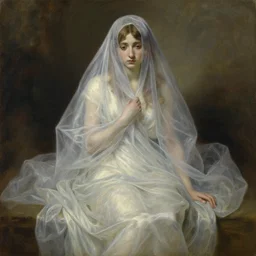 loose painting of a sad fragile beautiful veiled girl covered in translucent flowing dress, endless flowing ethereal drapery, classical greece, alla prima, oil painting, by giovanni strazza, sargent and raffaelo monti, arranged in the golden ratio, epic composition, face fully visible, trending in artstation