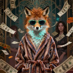 portrait, anthropomorphic 🦊, striped bathrobe, curly hair, electric sunglasses, surrounded by floating autumn dollar bills, fantasy, detailed, intricate, luminescent, elegant, coherent, by mandy jurgens, hannah yata and kay sage, donato giancola, detailed, artstation, cinematic lighting, artdeco, art deco outrun aesthetic