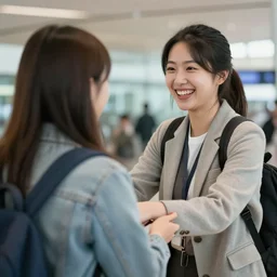 welcoming sister at the airport, joyful, detailed