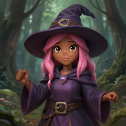 picture of cute female wizard in the forest, ferred - themed robes and hat, pink hair, brown skin, energetic, high fantasy, highly detailed, detailed faces, smooth, sharp focus, chiaroscuro, digital painting, concept art, artgerm and greg rutkowski and jon mcnaughton